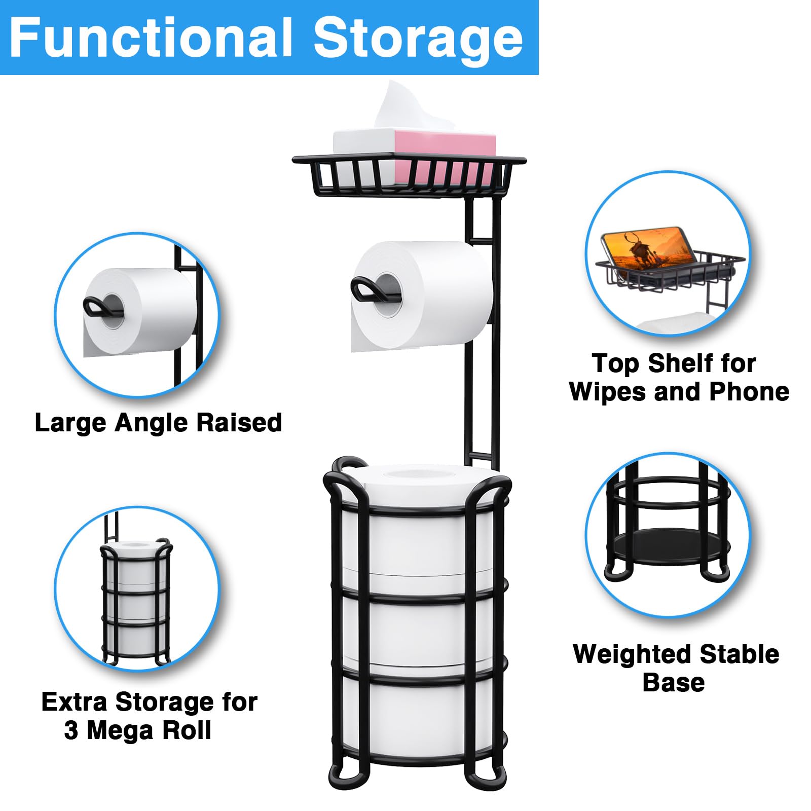 KeFanta toilet paper holder stand mega-roll capacity keeps extra rolls handy and off the ground.