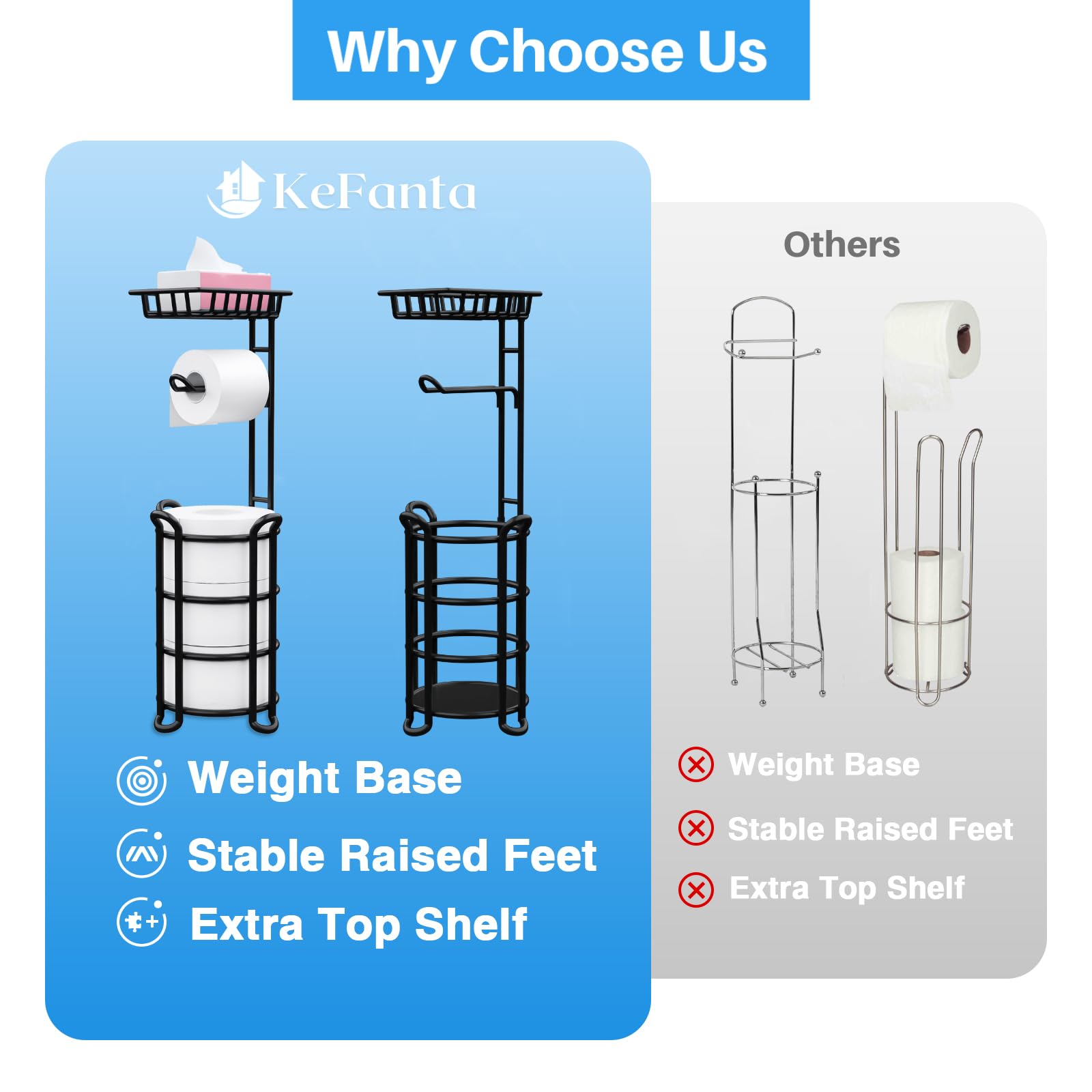 KeFanta stand includes storage base for towels, wipes and phone within reach.