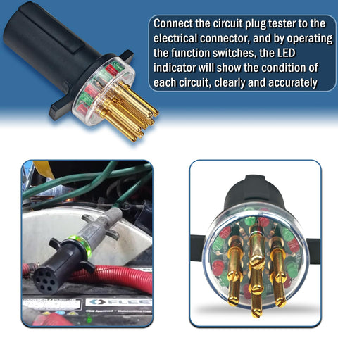 Kefly 7-Way tester connected plug demonstrates easy circuit testing.