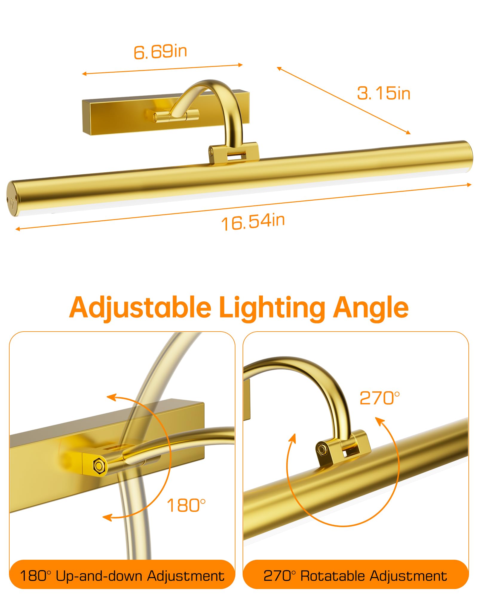 KEILAIMO Picture Light head rotates 270 degrees to aim artwork.