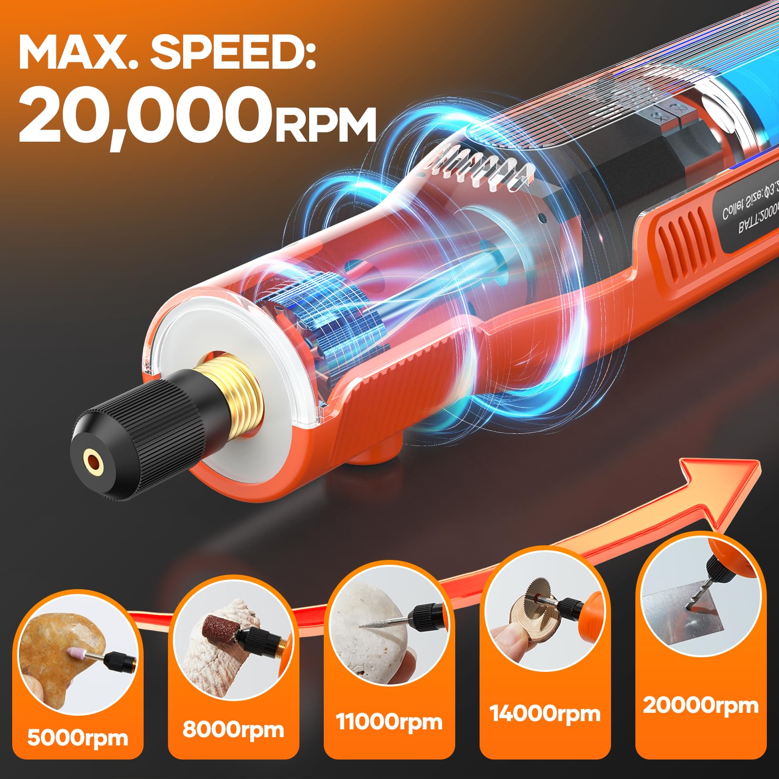 Kejector five-speed control adapts to engraving, sanding, and cutting tasks.