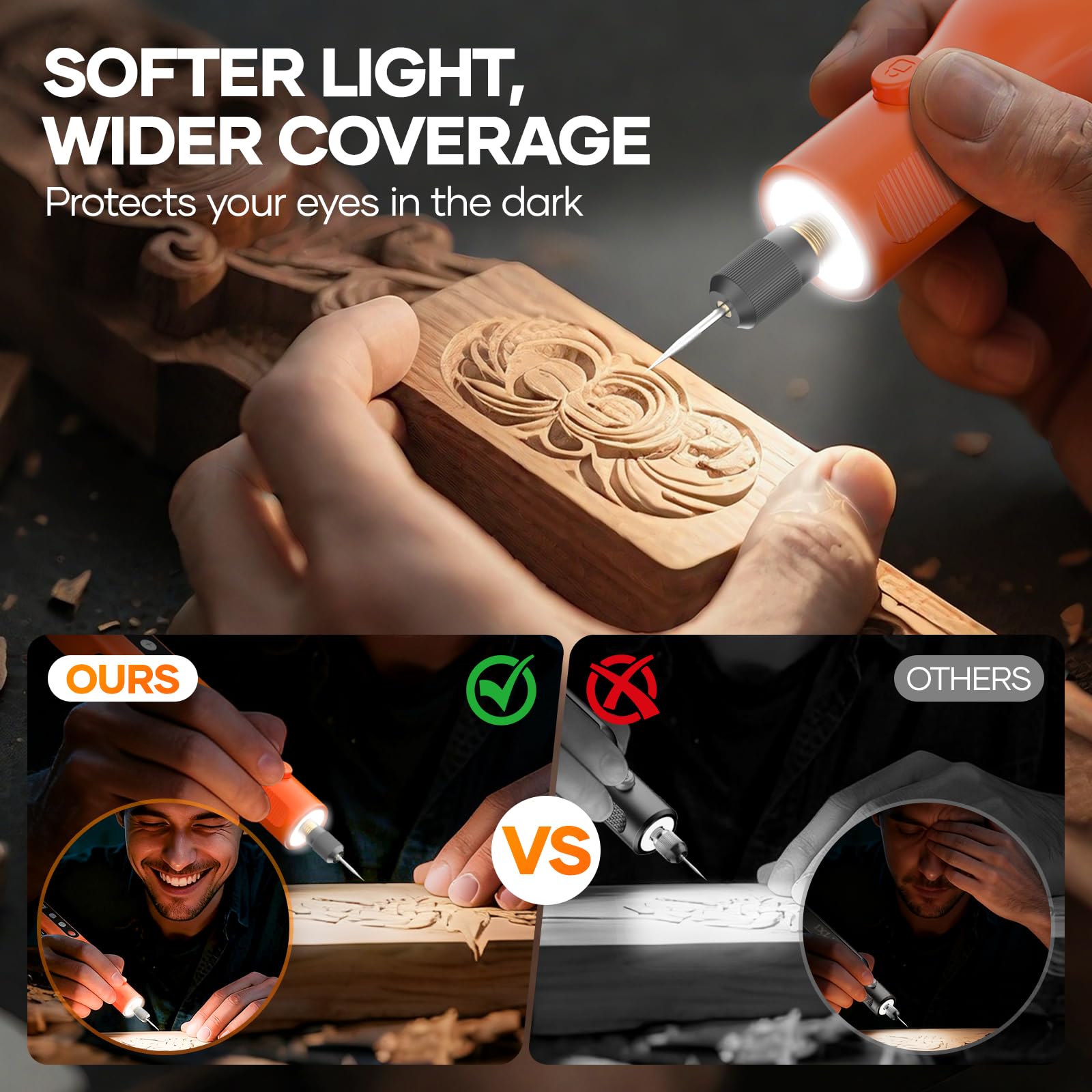 Kejector rotary tool with ring light for shadow-free, accurate work.