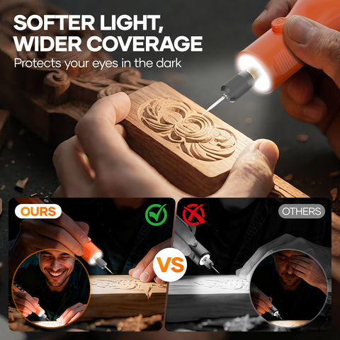 Kejector rotary tool with ring light for shadow-free, accurate work.