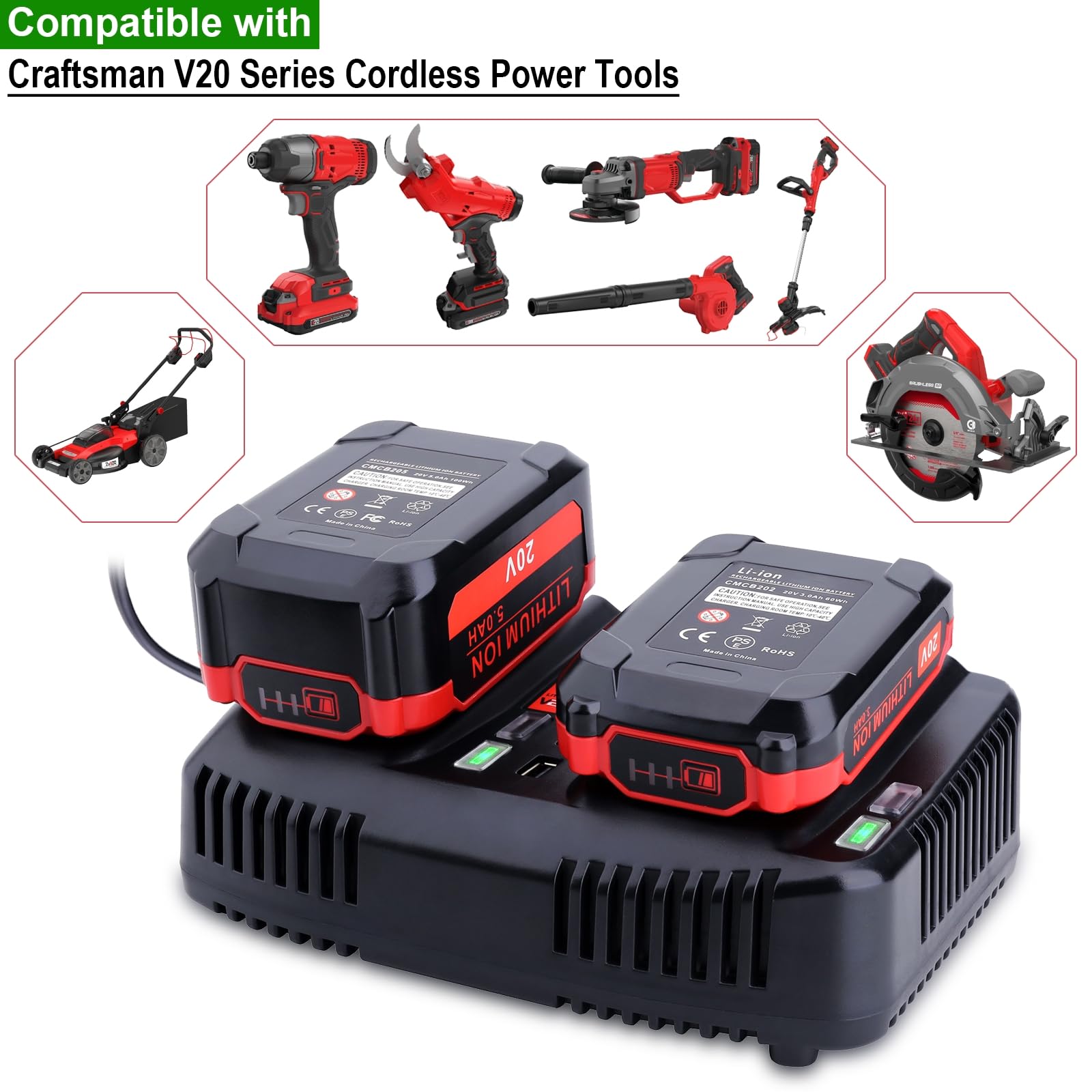 Kekepowtobat charger connected to Craftsman V20 tools for versatile use