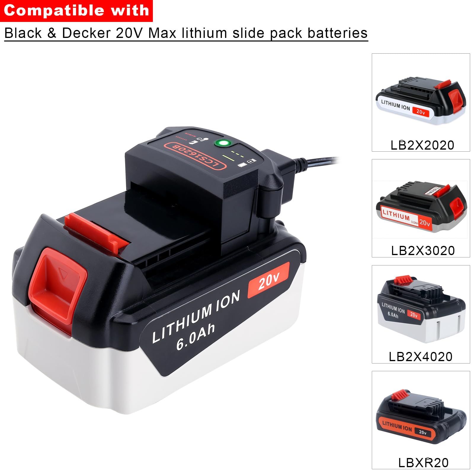 Kekepowtobat LCS1620B back view charger for Black & Decker batteries