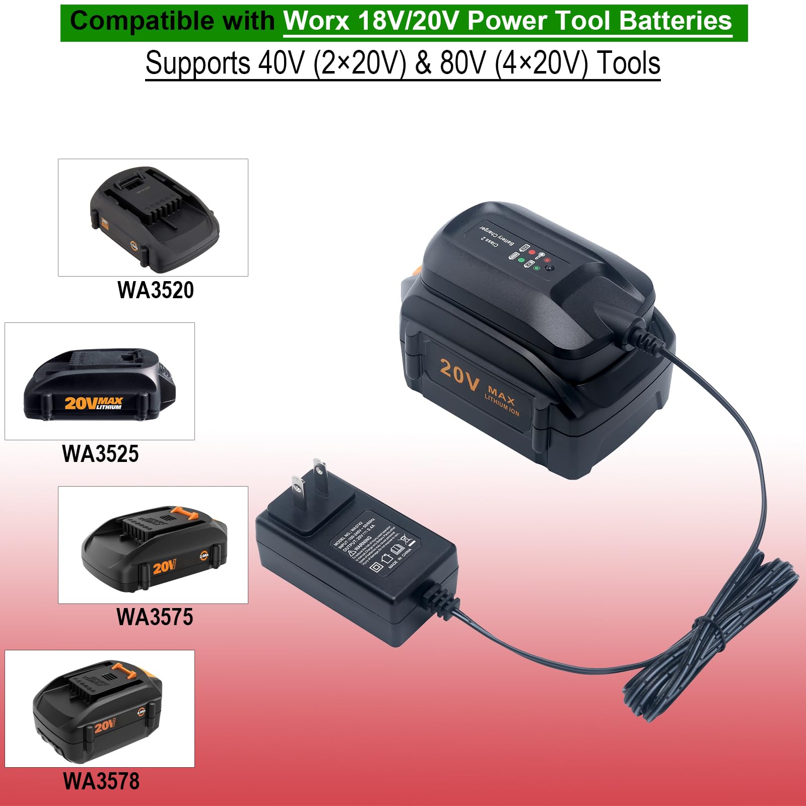 Kekepowtobat Worx 20V charger compatible with WA3520 and WA3525 batteries.