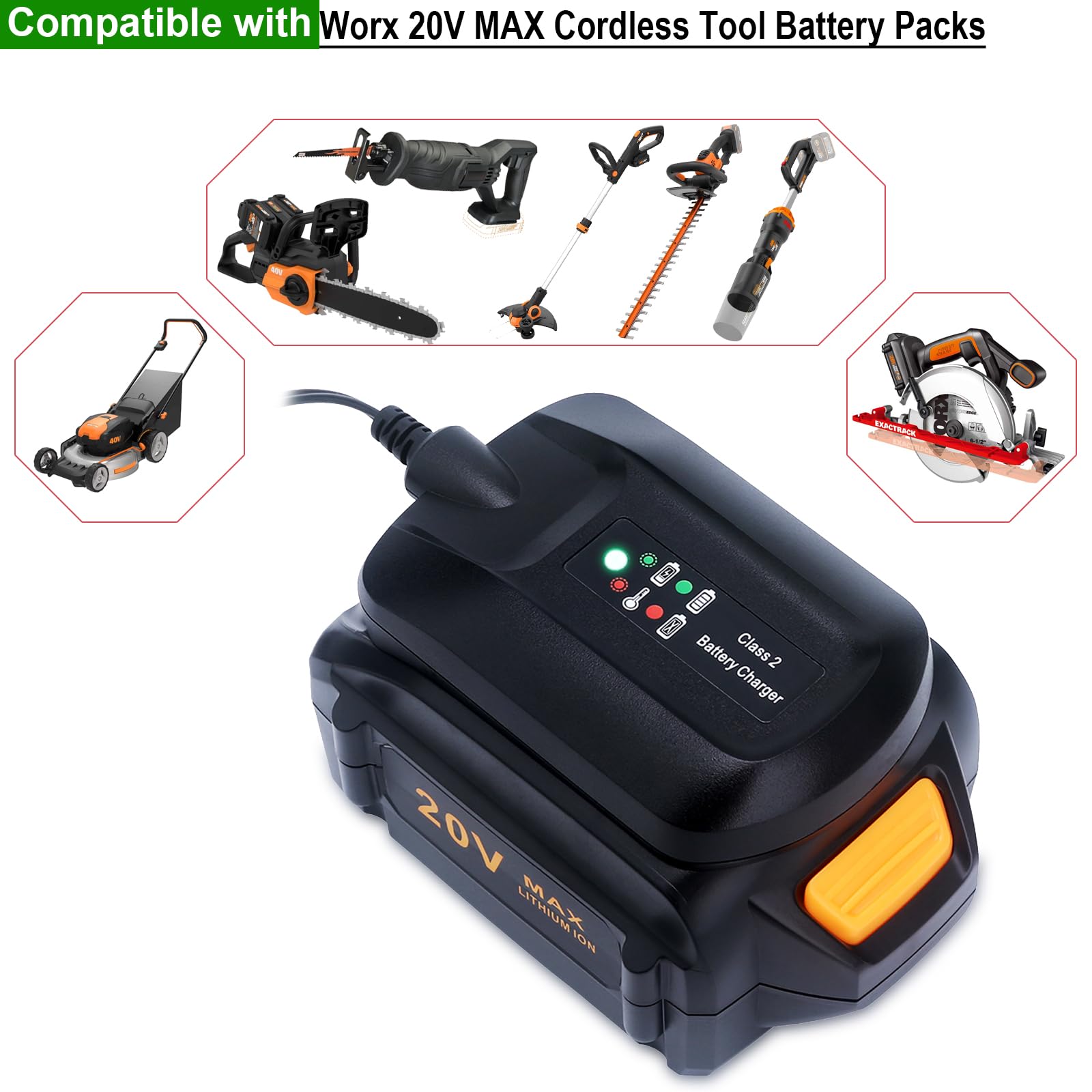 Kekepowtobat Worx 20V charger safety certifications CE and RoHS.