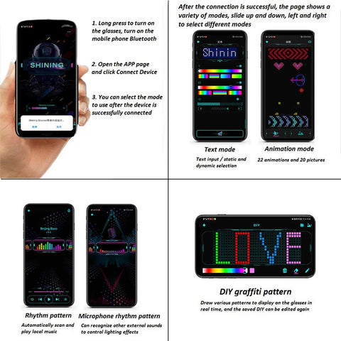 Keledz LED glasses app control interface demonstration for customizable scenes.