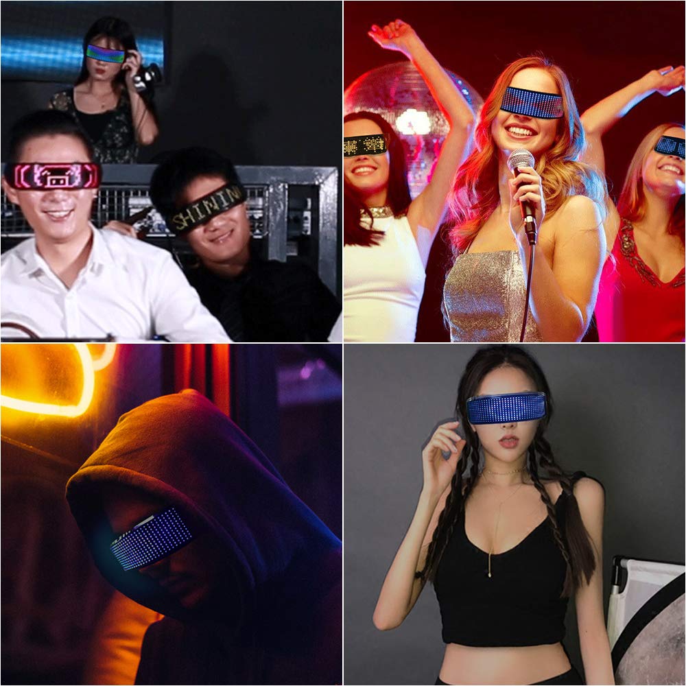 Keledz LED glasses with bright RGB LEDs activated for high visibility.