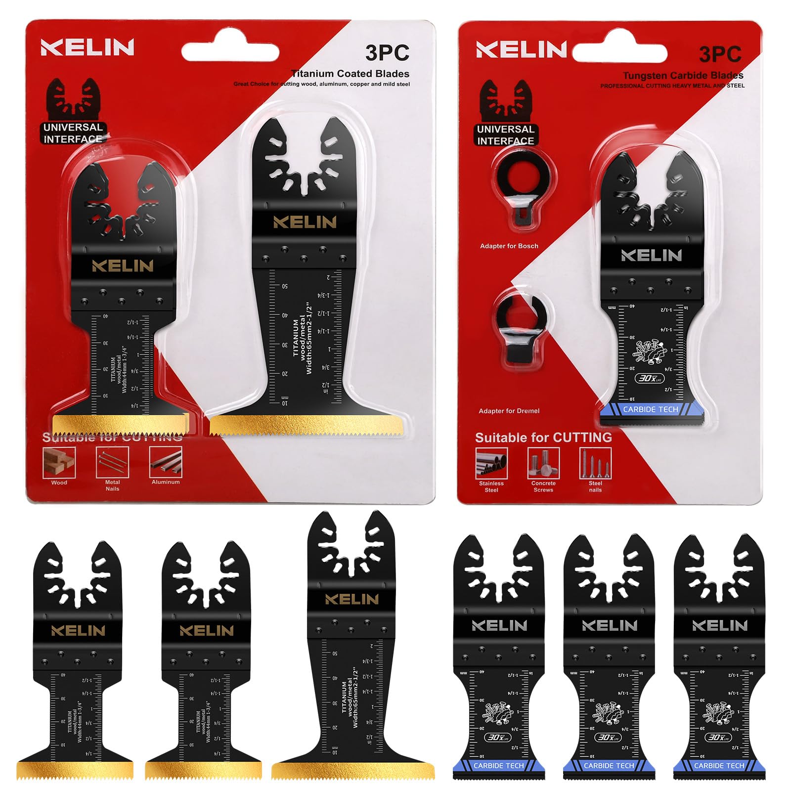 KELIN 6-pcs carbide and titanium blades set for versatile cutting across wood and metal