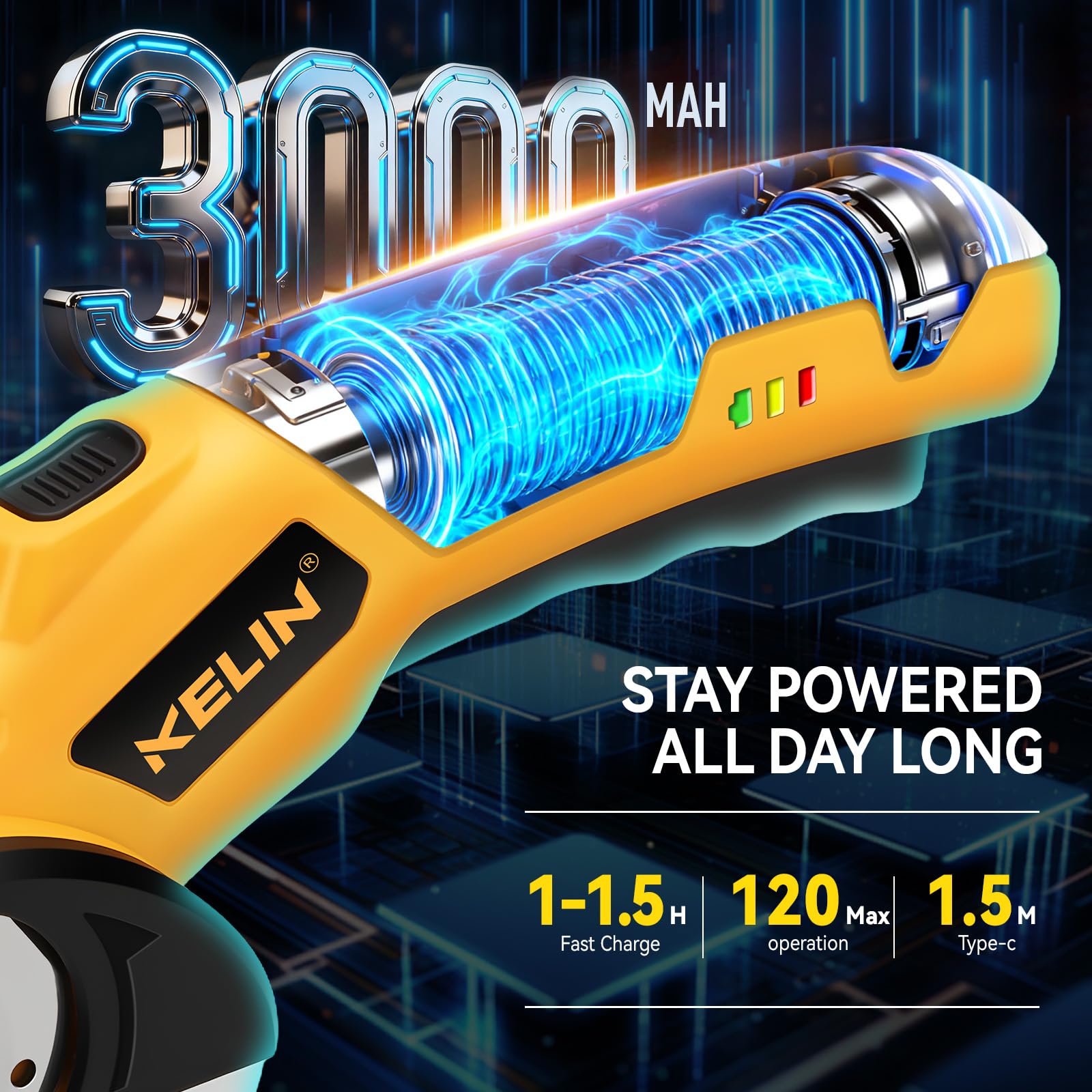 KELIN electric scissors showing four blades for versatile material cutting