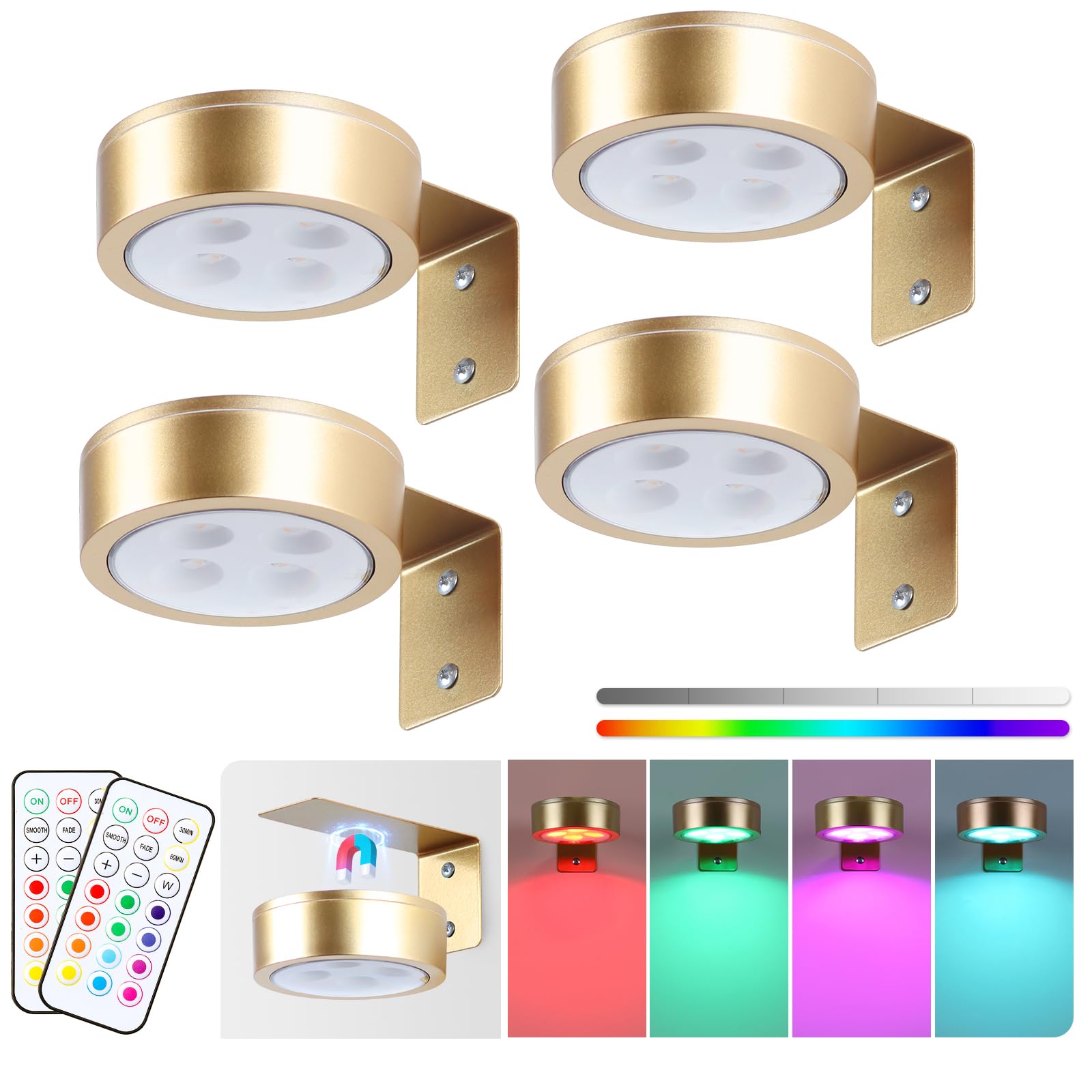 KELUOLY battery-powered gold picture light with magnetic mount for wall art, providing soft eye-friendly illumination.