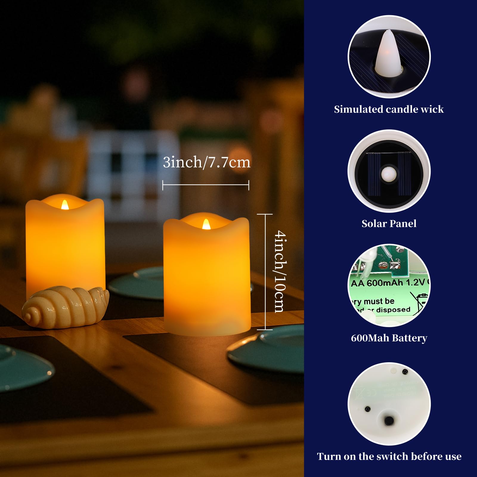 KelvinLux solar candles auto on/off at dusk for hands-free evening lighting.