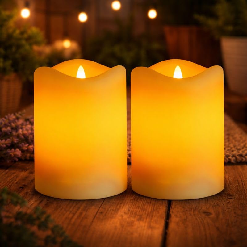 KelvinLux solar candles in outdoor lantern package create cozy patio ambience.