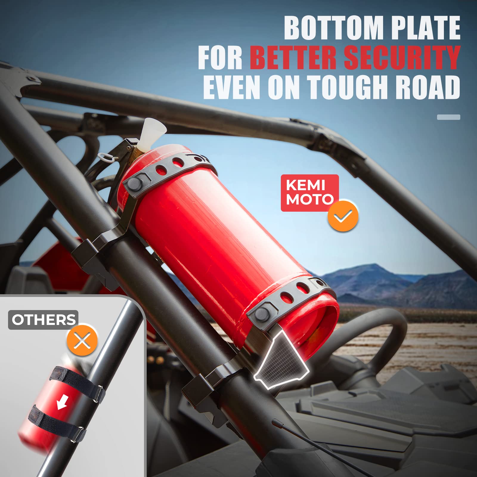 KEMIMOTO roll-bar mount with quick-release strap for fast extinguisher removal