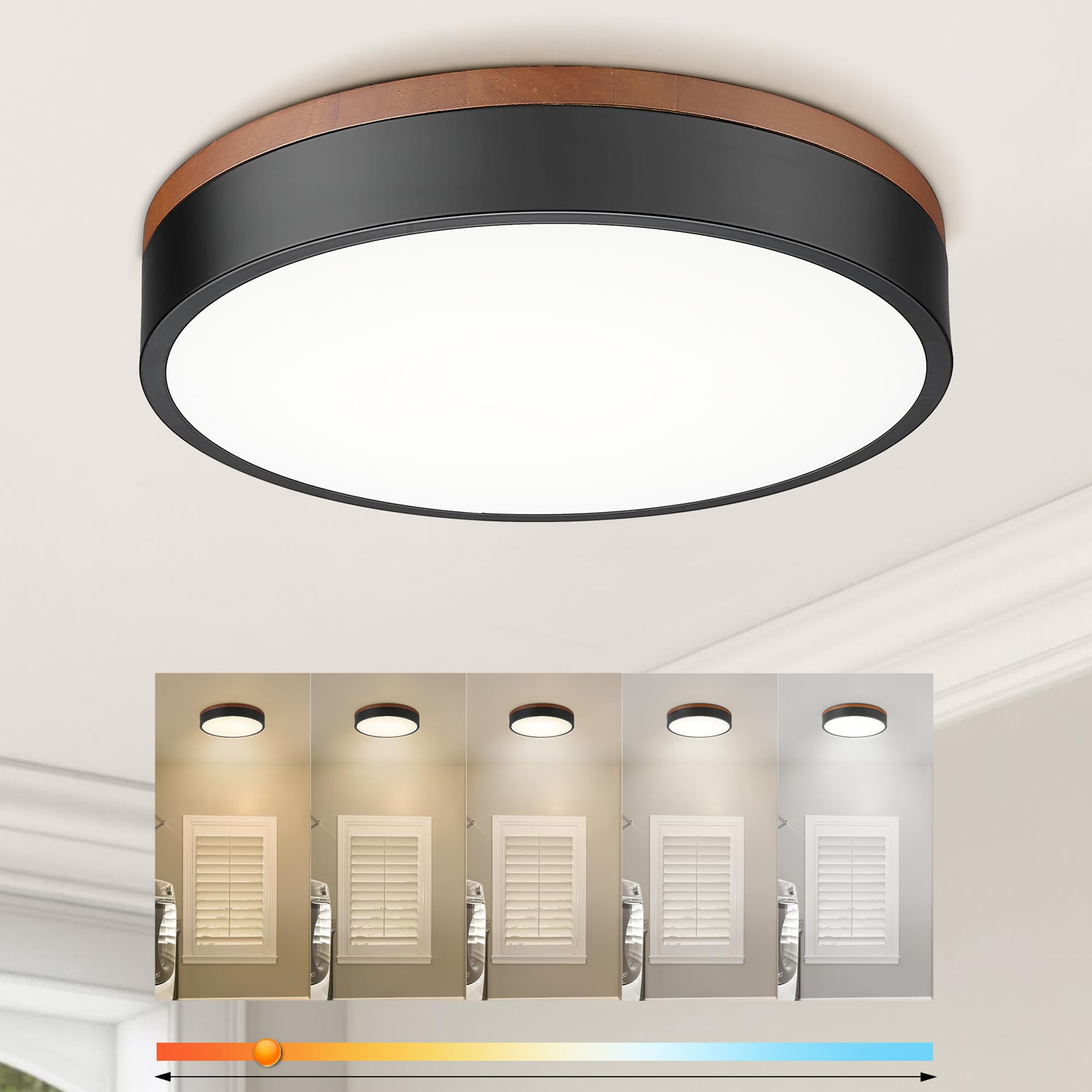 Ken & Ricky 12-inch walnut wood flush mount light with natural finish and black trim.