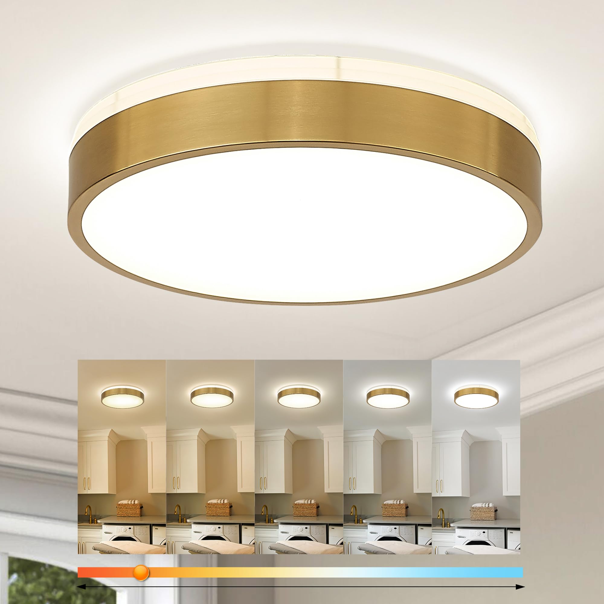 Ken & Ricky brushed-gold flush-mount round provides elegant ambient lighting.