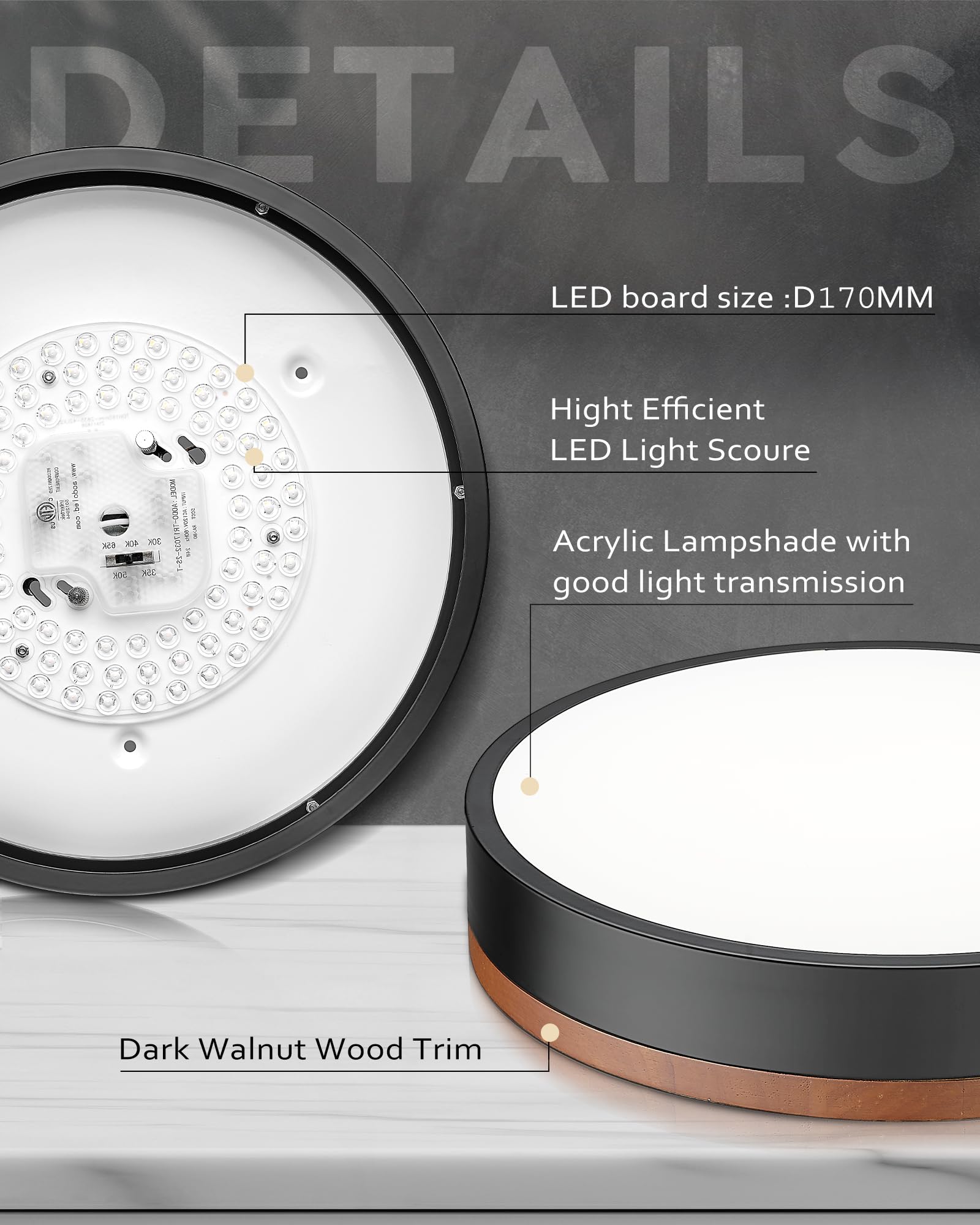 Round flat LED ceiling light provides even illumination for kitchens and baths.