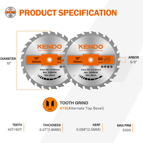 Kendo 10-inch 60T carbide blade teeth close-up for durable finishes