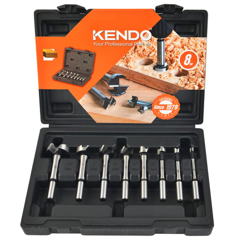 Kendo Forstner 8-piece set with storage case for organized drilling tasks.