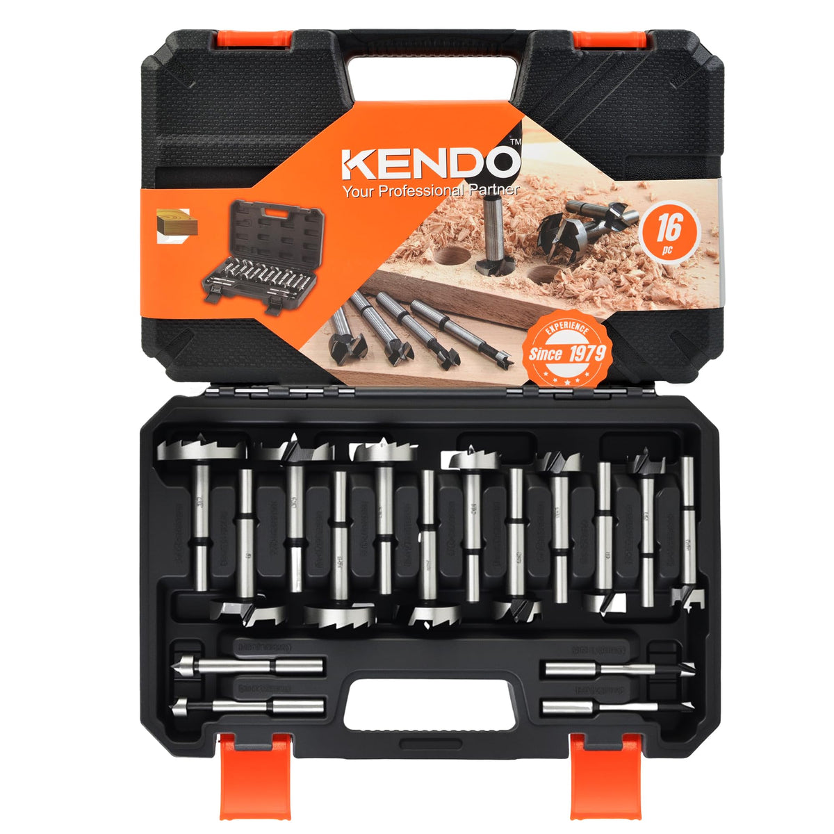 Kendo forstner bits set with case for organized, precise drilling in wood projects.