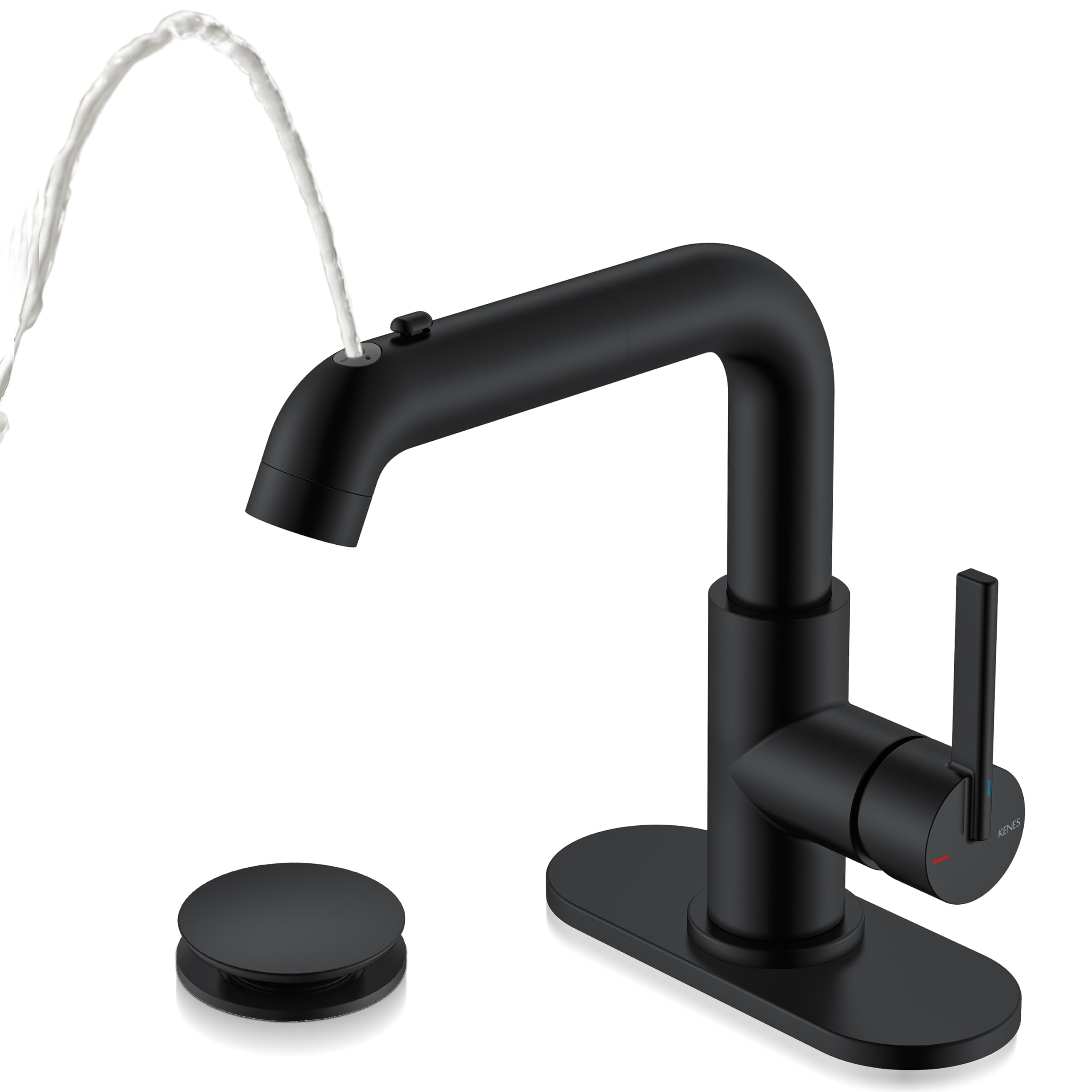 KENES bathroom faucet with pull-down sprayer showing versatile spray modes for tasks