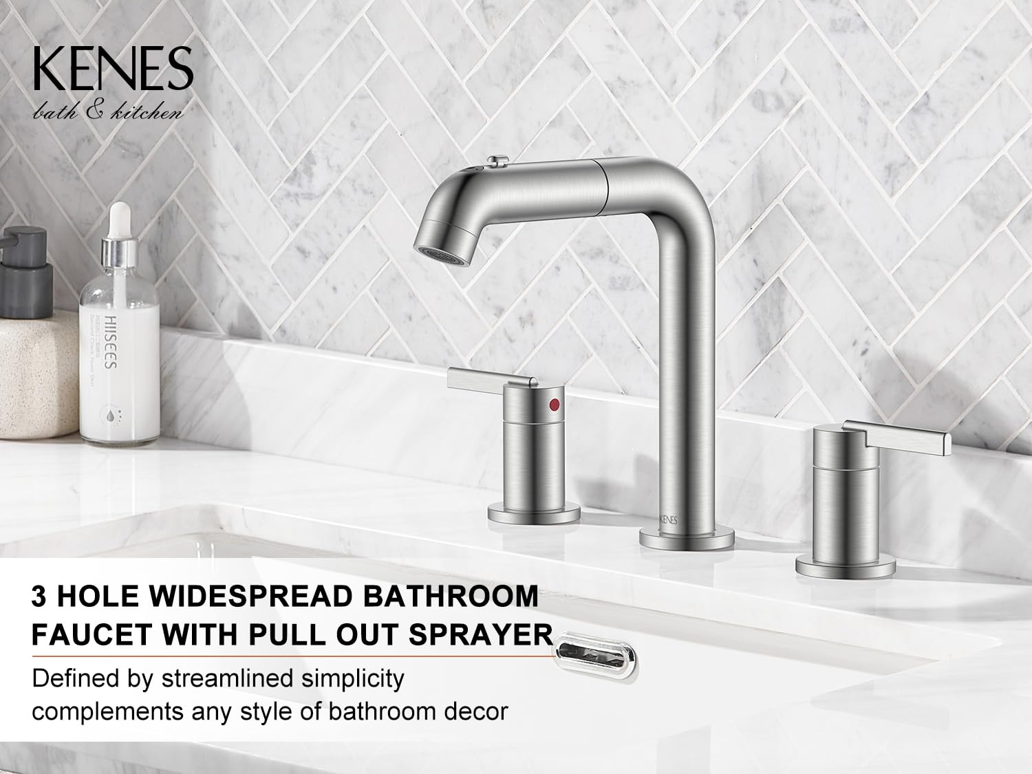 KENES bathroom faucet offers three-function sprayer for versatile cleaning and rinsing.