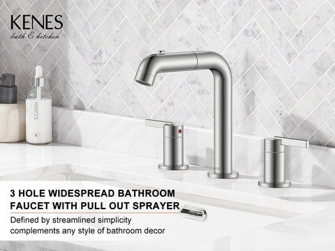 KENES bathroom faucet offers three-function sprayer for versatile cleaning and rinsing.