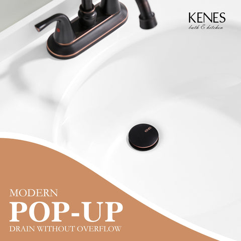 KENES bathroom sink drain with pop-up button for easy one-handed operation.