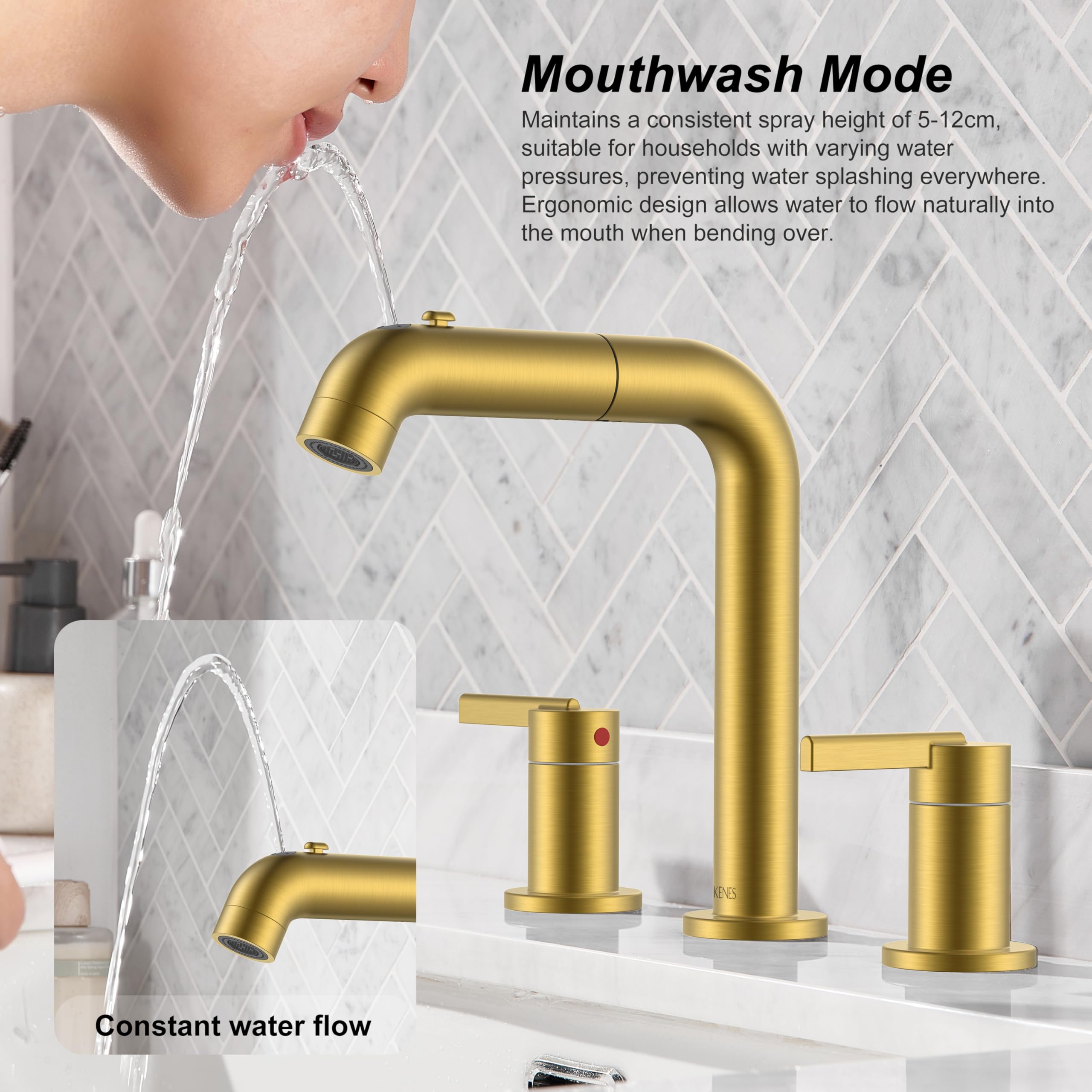 KENES brushed gold pull-down sprayer head enabling versatile tasks