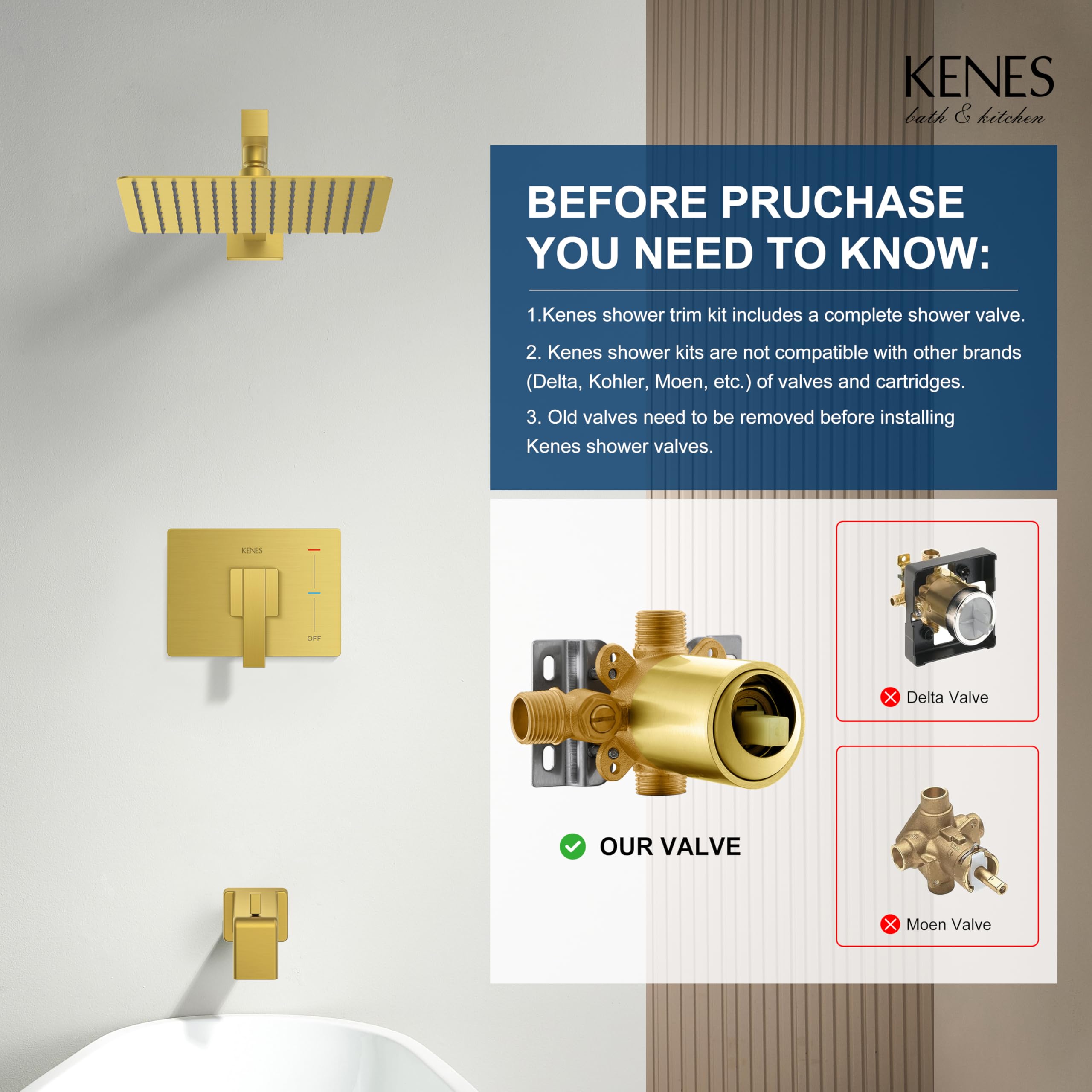 KENES brushed gold tub and shower trim kit enhances bathroom style.