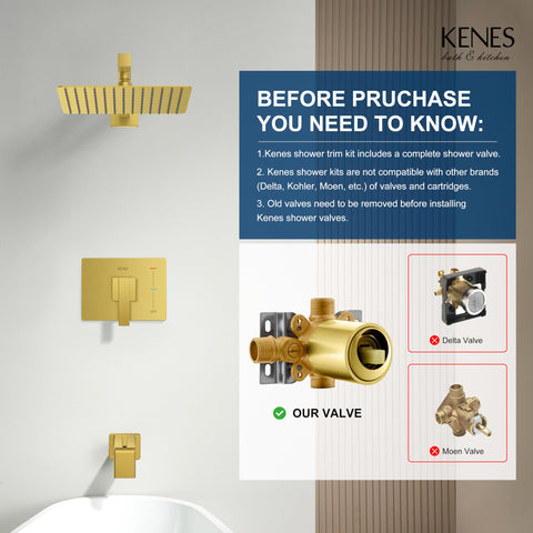 KENES brushed gold tub and shower trim kit enhances bathroom style.