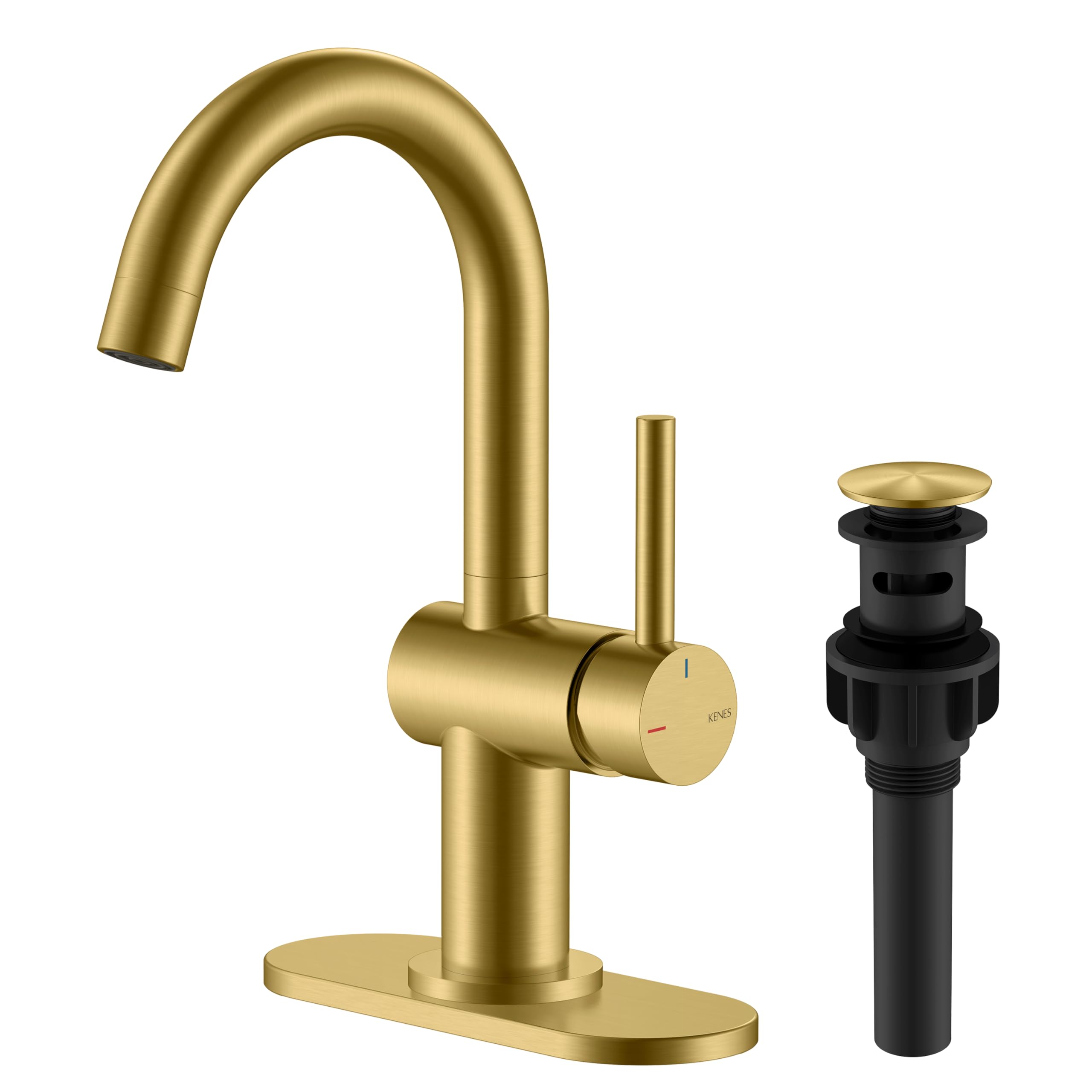 KENES brushed gold single-handle faucet showcasing compact bathroom style and ease of use