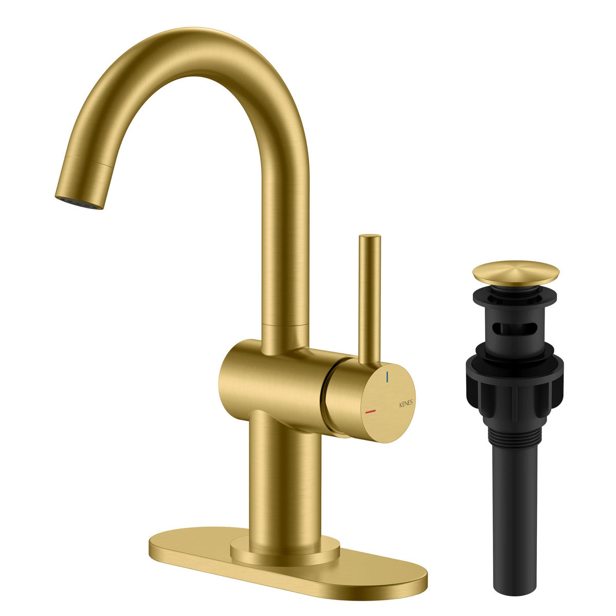 KENES brushed gold single-handle faucet showcasing compact bathroom style and ease of use