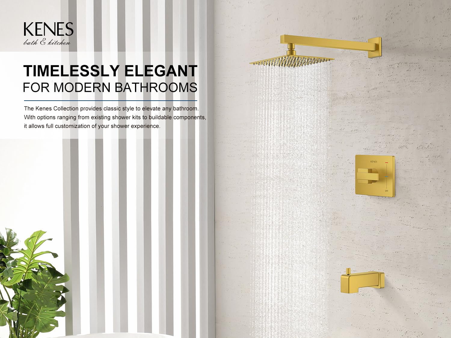 KENES square 10-inch rainfall shower head delivers immersive coverage.