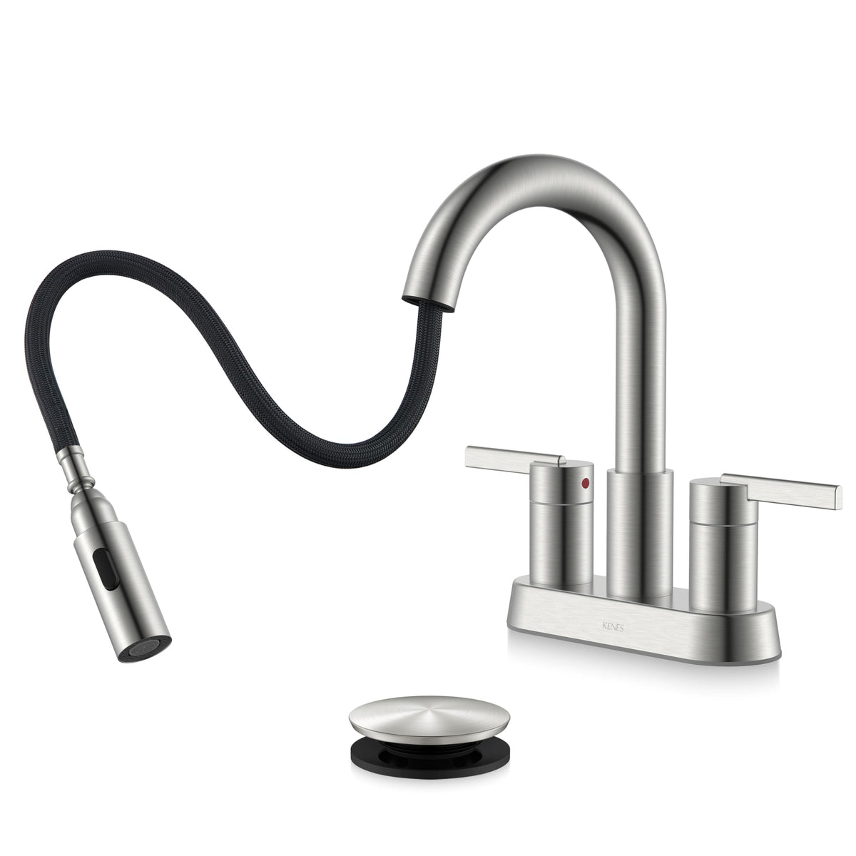 KENES LJ-9069 brushed nickel pull-down wand demonstrates versatile spray for thorough sink cleaning.