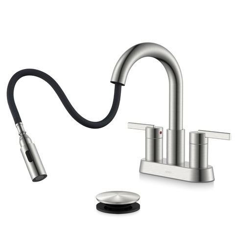 KENES LJ-9069 brushed nickel pull-down wand demonstrates versatile spray for thorough sink cleaning.
