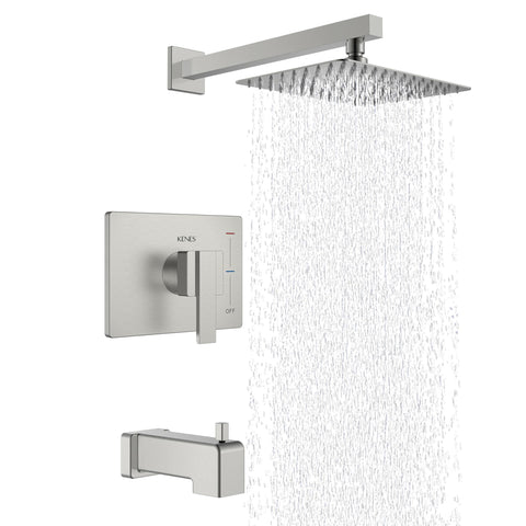 KENES brushed nickel tub shower faucet set with 10-inch rain head for spa-like showers