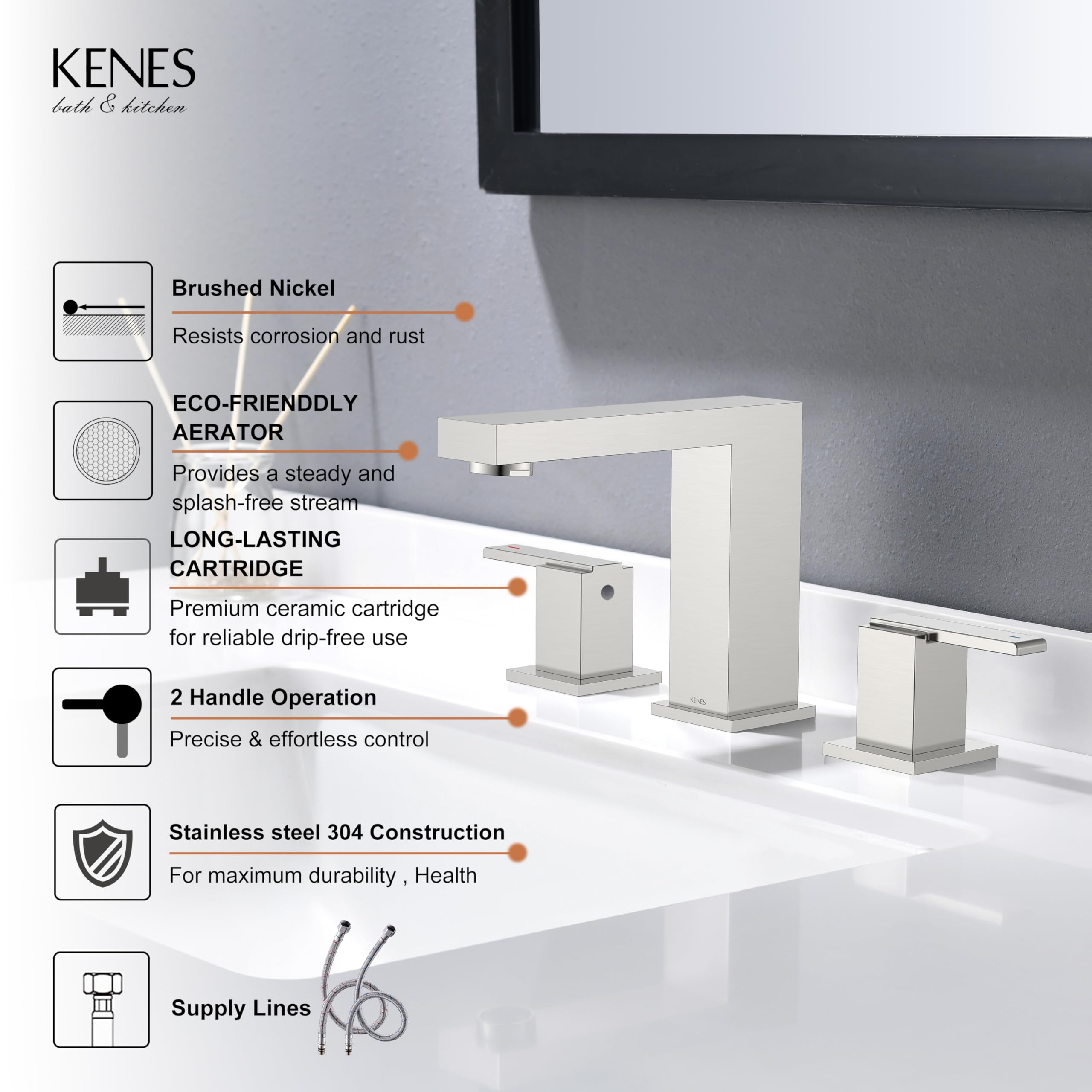 KENES KE-9050 3-hole widespread setup demonstrates versatile installation for mid-sized vanities.