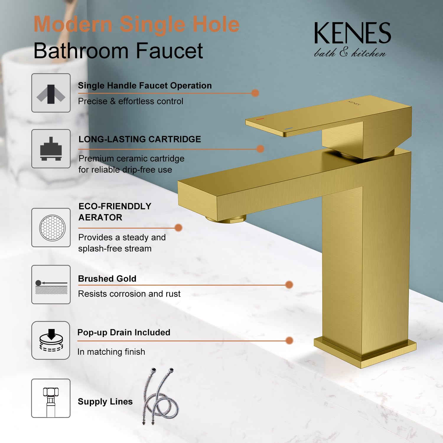 KENES LJ-9031-4 aerated-flow faucet delivers splash-friendly water for brushing and handwashing.