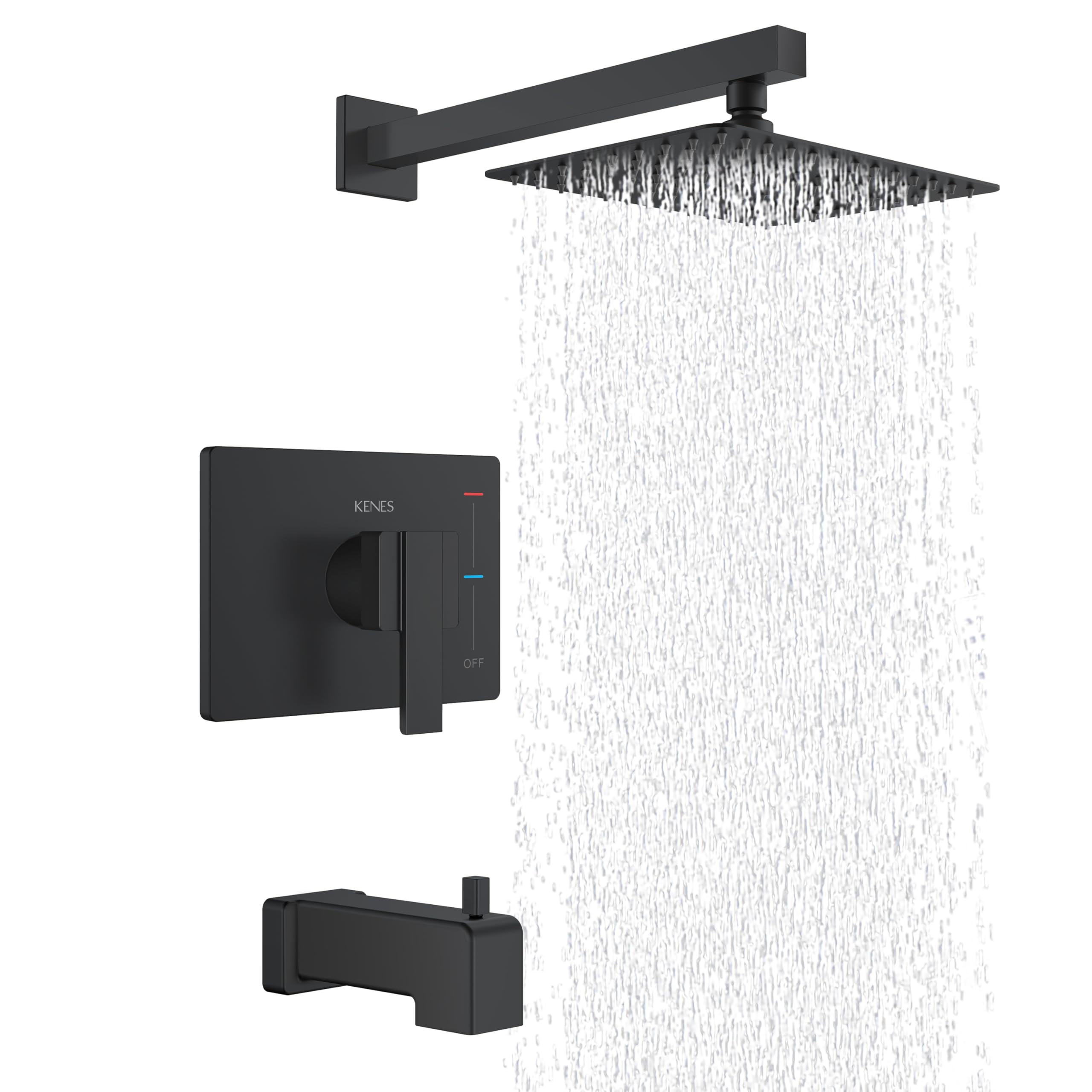 KENES matte black 10-inch square rainfall head for spacious coverage