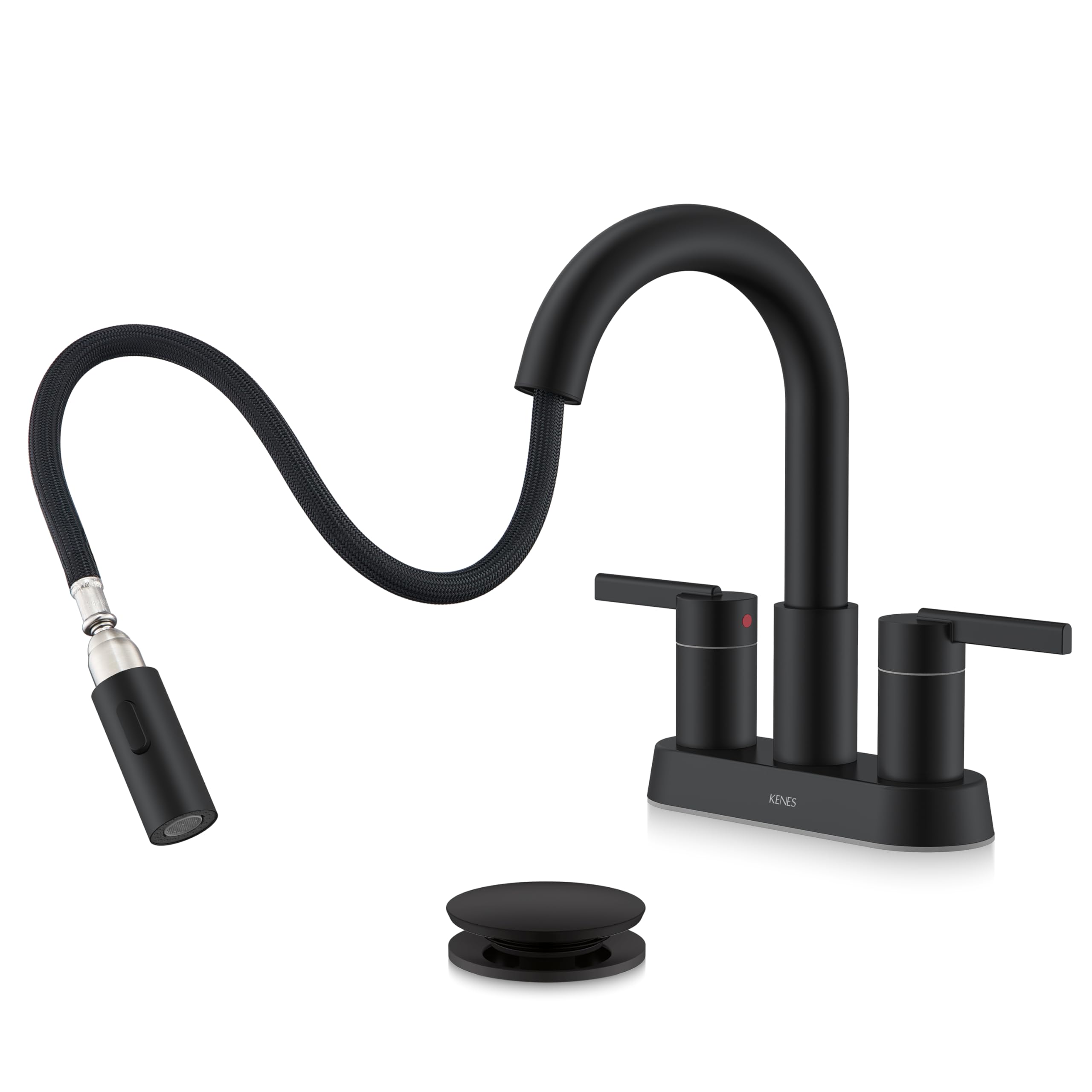 KENES matte black centerset faucet with pull-down sprayer offers flexible rinse for easy sink cleanup