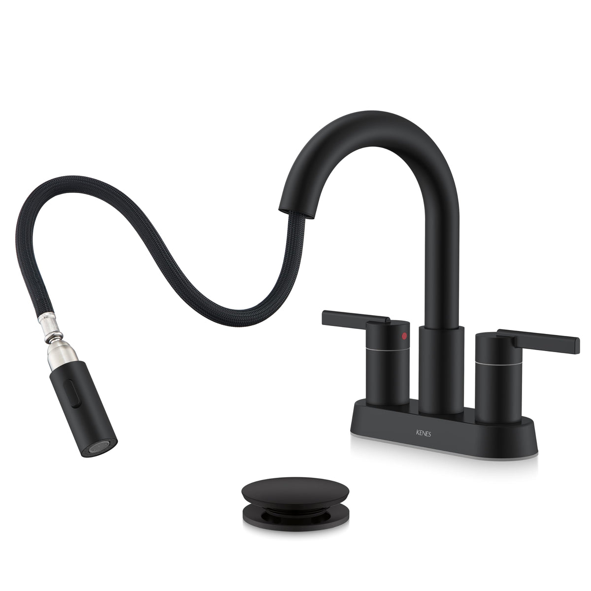 KENES matte black centerset faucet with pull-down sprayer offers flexible rinse for easy sink cleanup