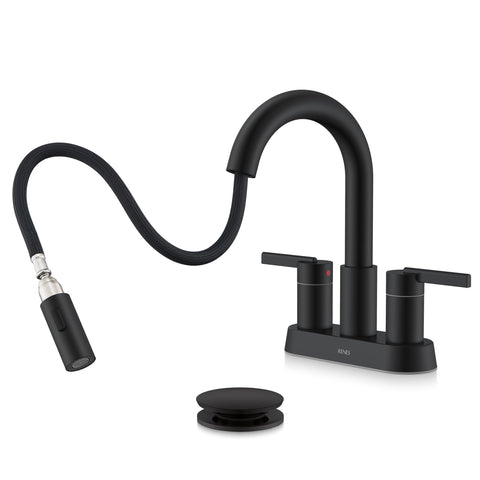 KENES matte black centerset faucet with pull-down sprayer offers flexible rinse for easy sink cleanup