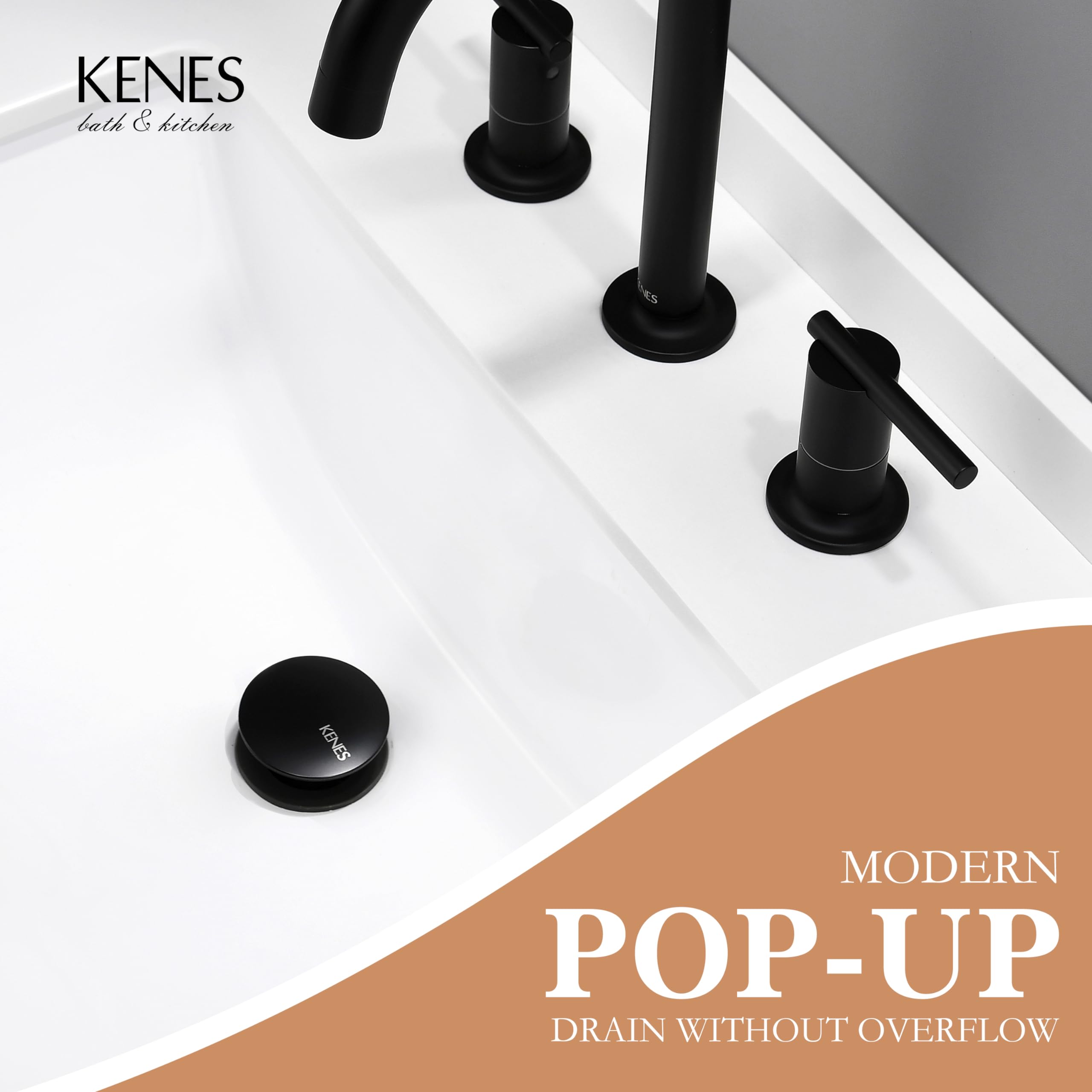 KENES matte black pop-up drain provides anti-clogging protection against hair and debris.