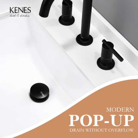 KENES matte black pop-up drain provides anti-clogging protection against hair and debris.