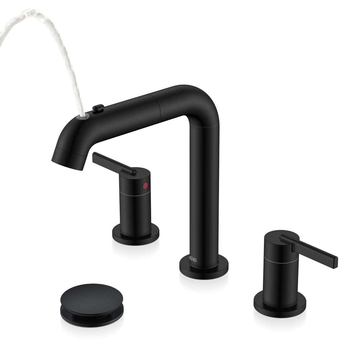 KENES matte black pull-out faucet with 8-inch spread for easy daily use.