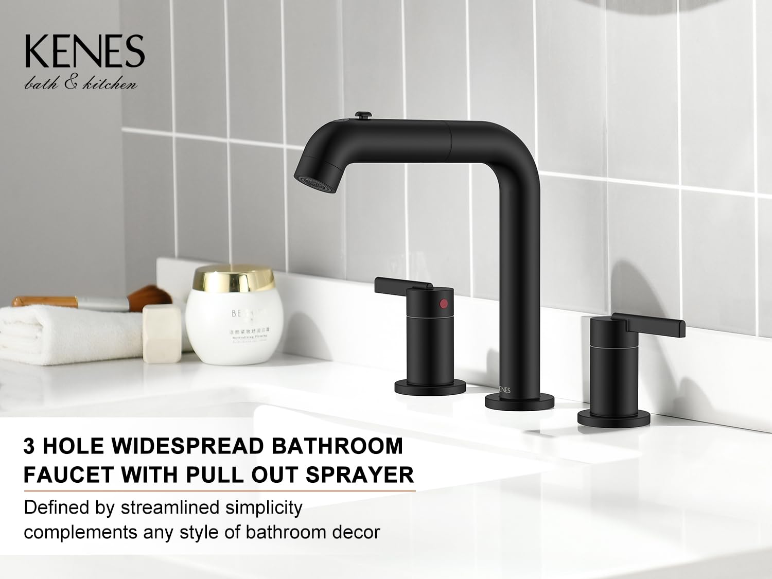 KENES matte black widespread 3-hole setup fits 6-16 inch sinks.