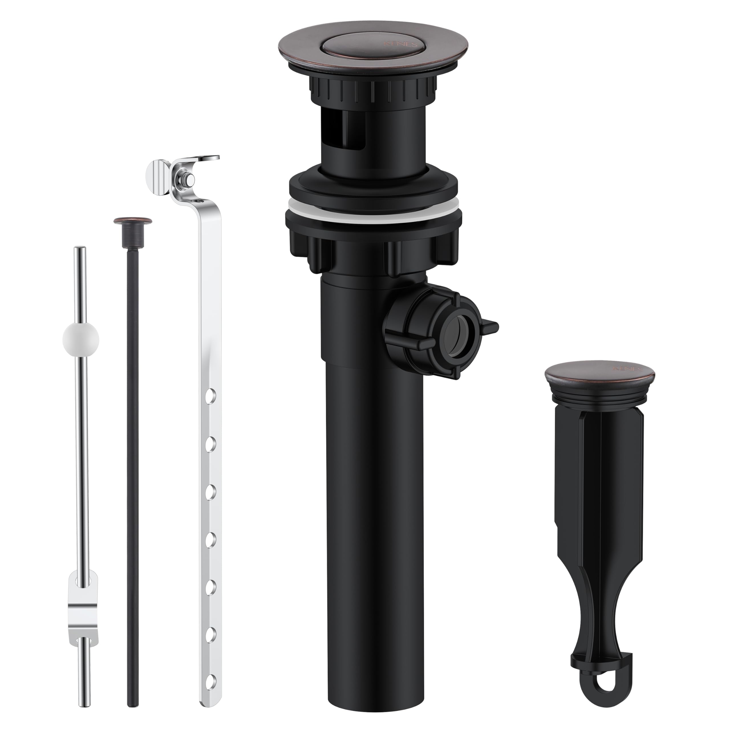 KENES oil rubbed bronze bathroom sink drain with lift rod for quick drainage.