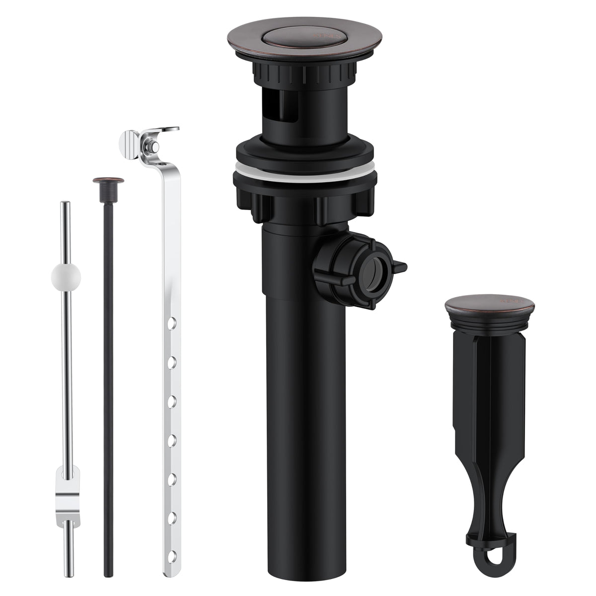 KENES oil rubbed bronze bathroom sink drain with lift rod for quick drainage.